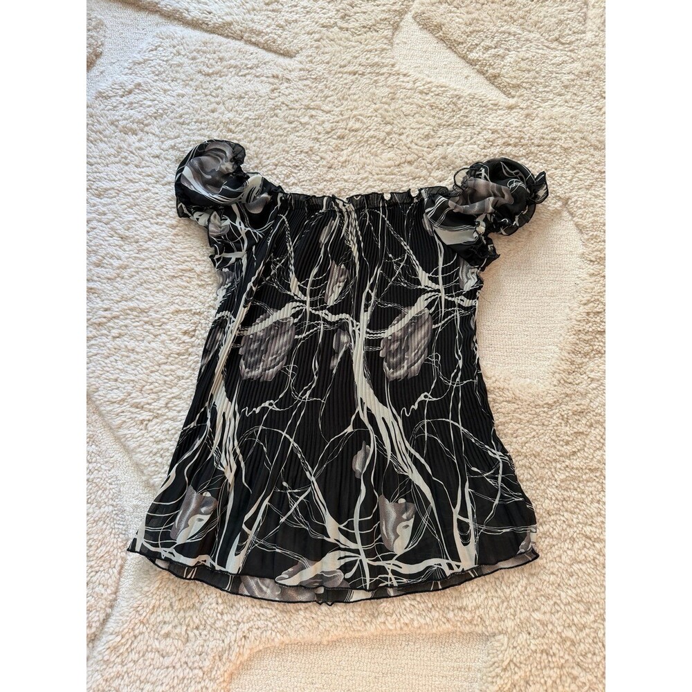 Vintage Y2K Rene Margo Plissé Pleated Off-The-Shoulder Mesh Blouse Top Size M
